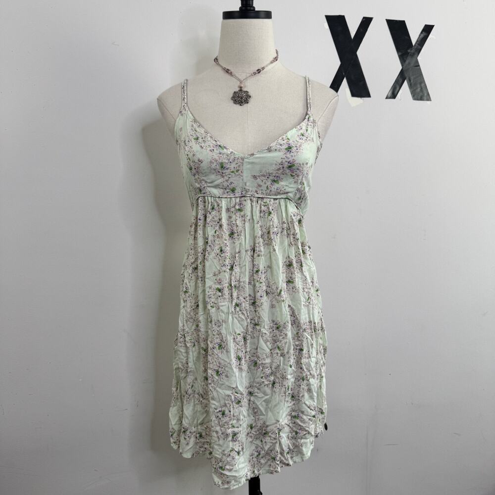 Y2K Mint Green Floral Babydoll Mini Dress Double Strap Coquette S